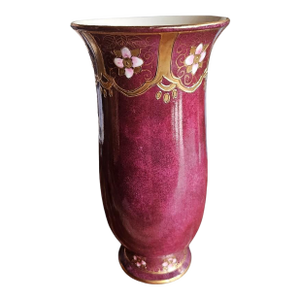 Vintage Japanese Style Cranberry Porcelain Vase Gold & Enamel Flowers + Floral + Accent + Decor