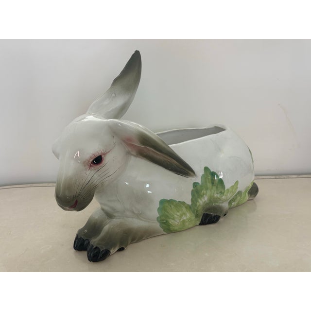 1980s Large Italian Ceramic Rabbit With Cabbage Planter Cachepot For Sale - Image 4 of 10
