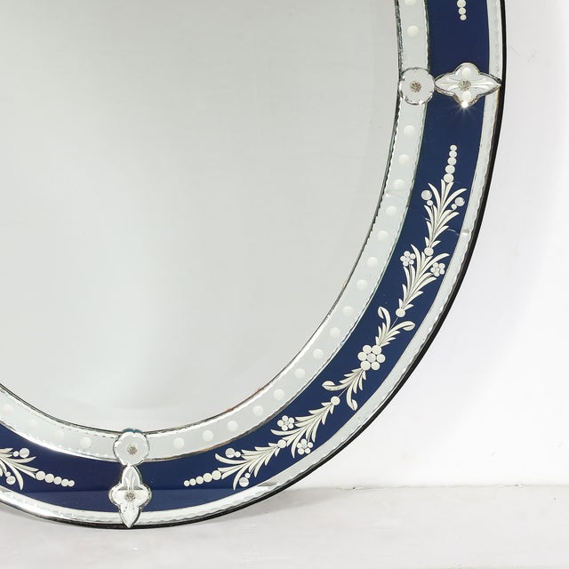 Mid-Century Venetian Glass Reverse-Etched Oval Mirror W/ Sapphire Blue Border For Sale - Image 14 of 16