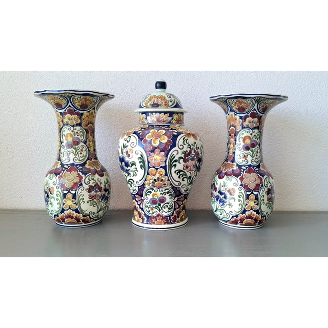 Red Set of Three Handworked Polychrome Boch Faience Vases, Premium Belgian Garniture Set For Sale - Image 8 of 11