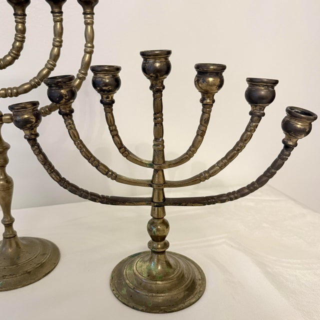 Mid-20th Century Trio Variegated Height Brass Menorahs For Sale In Raleigh - Image 6 of 12