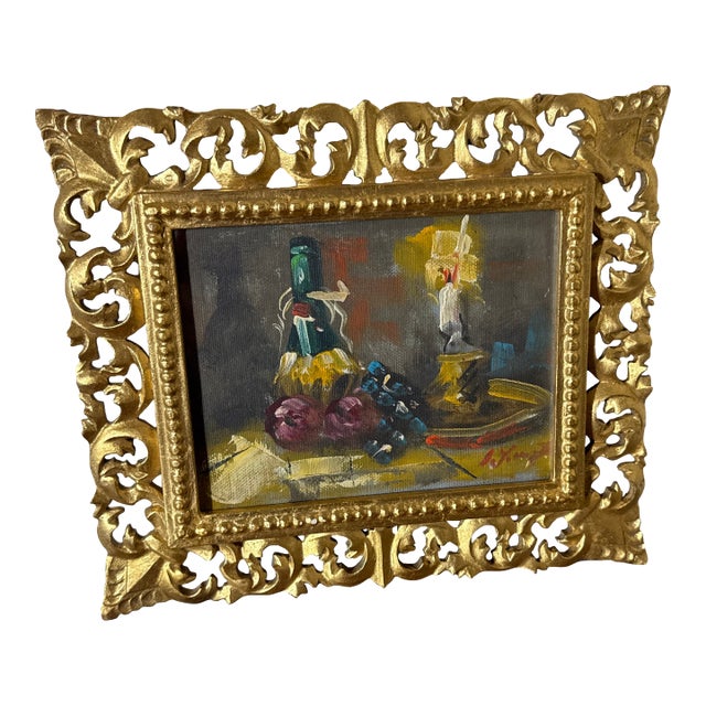 Vintage Italian Still Life Oil Painting Gold Ornate Frame Signed Original For Sale
