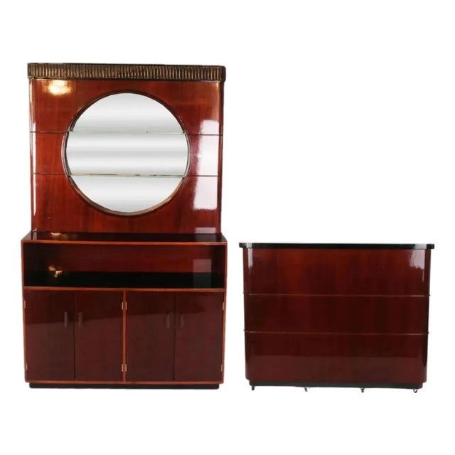 Mid 20th Century Art Deco Style Mahogany 3 Piece Cabinet With Mirror and Floating Bar For Sale