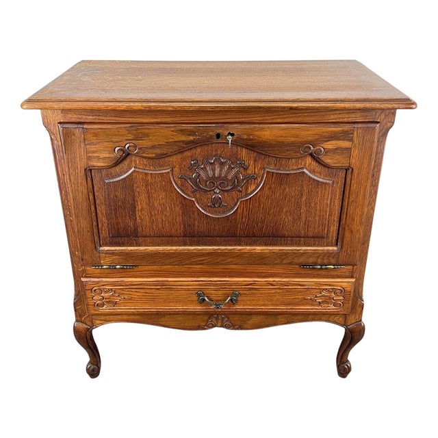 Vintage French Louis XVI Style Carved Oak Cabinet with Drawer For Sale