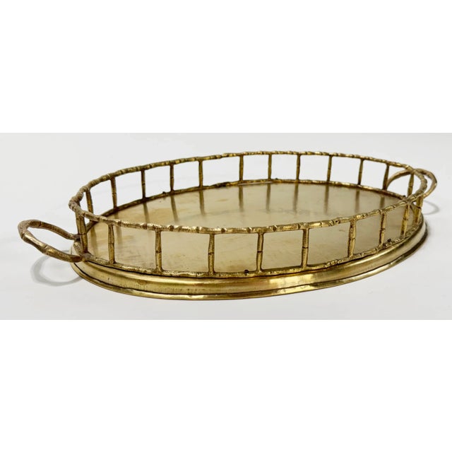 Mid 20th Century Vintage Oval Brass Faux Bamboo Gallery Rail Tray For Sale - Image 5 of 7