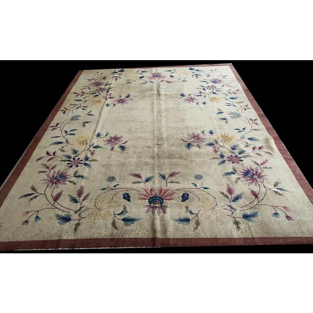 1920s Beige Floral Antique Chinese Art Deco Rug 9' X 12' Handknotted Wool Carpet For Sale - Image 4 of 6
