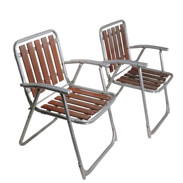 Mid 20th Century Pr. Vintage Aluminum and Wood Folding Lawn Chairs C 1960/70's For Sale - Image 5 of 11