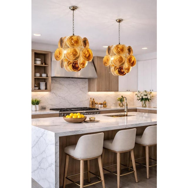 Pair Vintage Italian Murano chandeliers in Vistosi style. The chandelier has 24 fantastic amber black albaster glasses in...