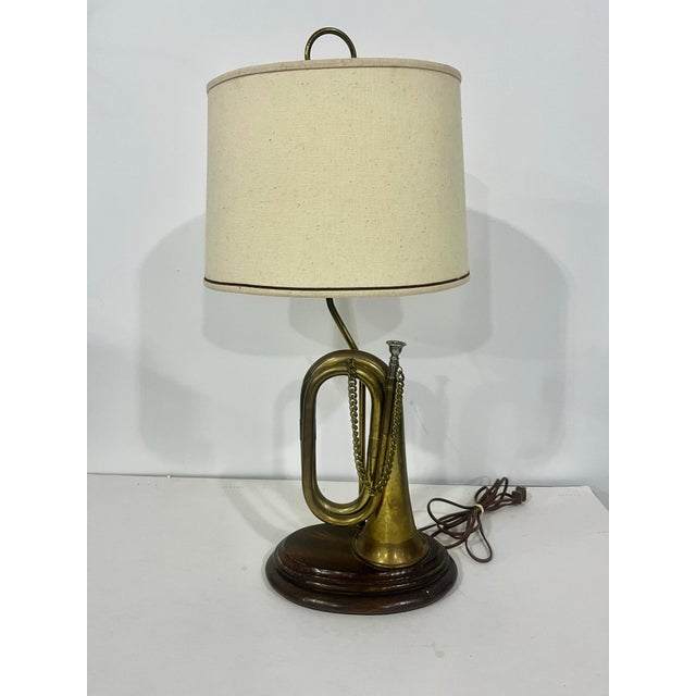 Wood Mid-Century Modern Vintage Brass Bugle Horn Lamp on Wooden Base For Sale - Image 7 of 7