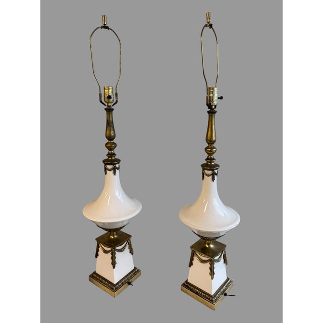 Brass Vintage White Milk Glass & Brass Neoclassical Table Lamps Hollywood Regency - a Pair For Sale - Image 8 of 8