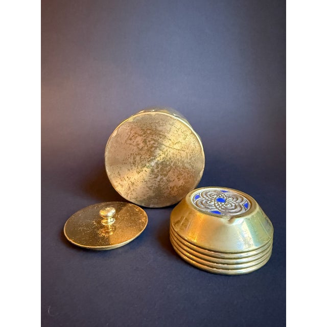 Vintage Brass Canister With Decorative Blue Enamel Top For Sale - Image 9 of 9