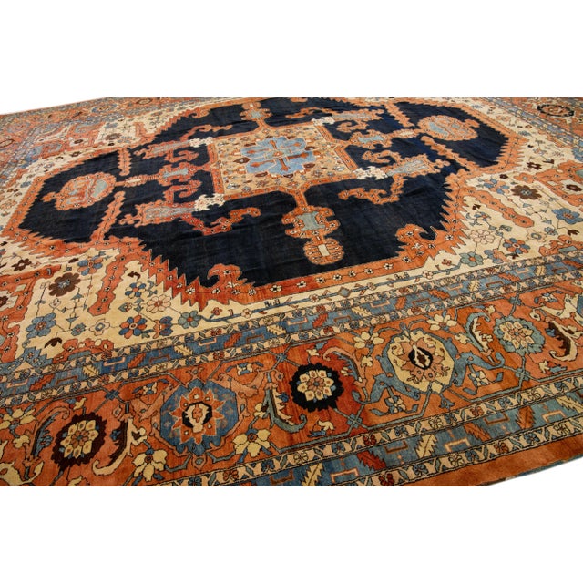 Persian 1920s Orange Antique Persian Serapi Handmade Wool Rug With Medallion Motif For Sale - Image 3 of 6