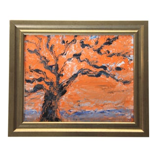 Abstract Impressionism Textured Tree Landscape Blue Orange Original Oil Paiting Cleo Plowden For Sale