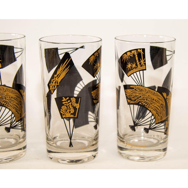 Set of Six Jules Jurgensen Black & Gold Highball Glasses in Faux Bamboo Carrier For Sale - Image 13 of 18