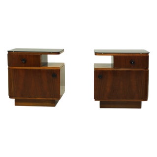 Mid-Century Nightstands with Walnut Veneer and Black Opal Glass Tops, 1960s, Set of 2 For Sale