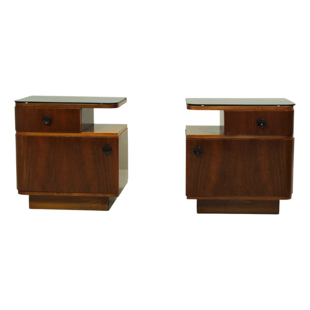 Mid-Century Nightstands with Walnut Veneer and Black Opal Glass Tops, 1960s, Set of 2 For Sale