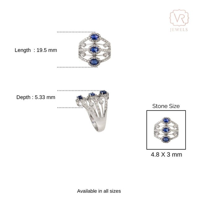 1 Ct Blue Sapphire & Diamond Multi Row Statement Ring Size 6.5 in 14k White Gold For Sale - Image 9 of 16