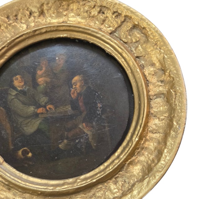 French Old Master Style Genre Scene Oil Painting “Le Jeu” Tavern Interior Round Panel 5.75" For Sale - Image 4 of 11