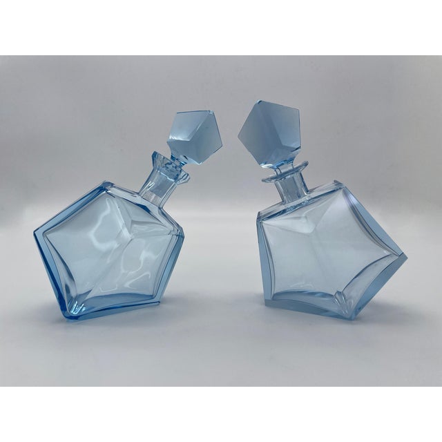 Late 20th Century Pair of Sculptural Light Blue Art Glass Decanters With Faceted Stoppers, Mid-Century Modern For Sale - Image 15 of 15