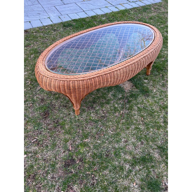 Boho Chic 1960s Boho Chic French Coastal Wicker and Glass Coffee Table For Sale - Image 3 of 7
