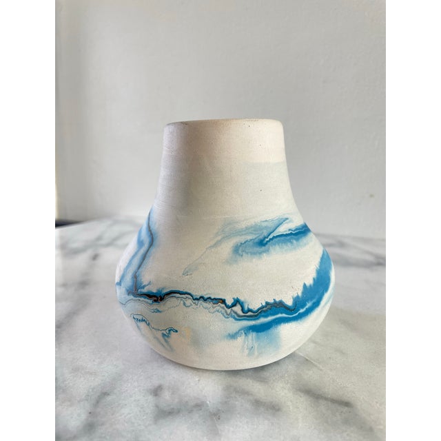 Native American Vintage Nemadji Blue Swirl Ceramic Pot For Sale - Image 3 of 7