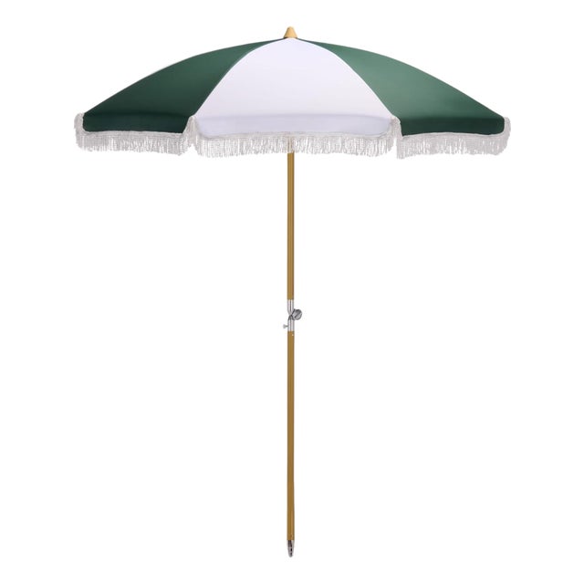Gallo 6.5 Ft Beach Fringed Umbrella, Green Cabana Stripe For Sale