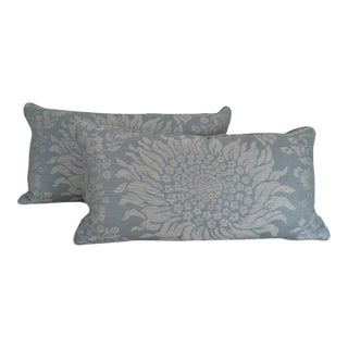 Pair of Blue Gray Floral Banquette Pillows With Oversized Botanical Motif For Sale