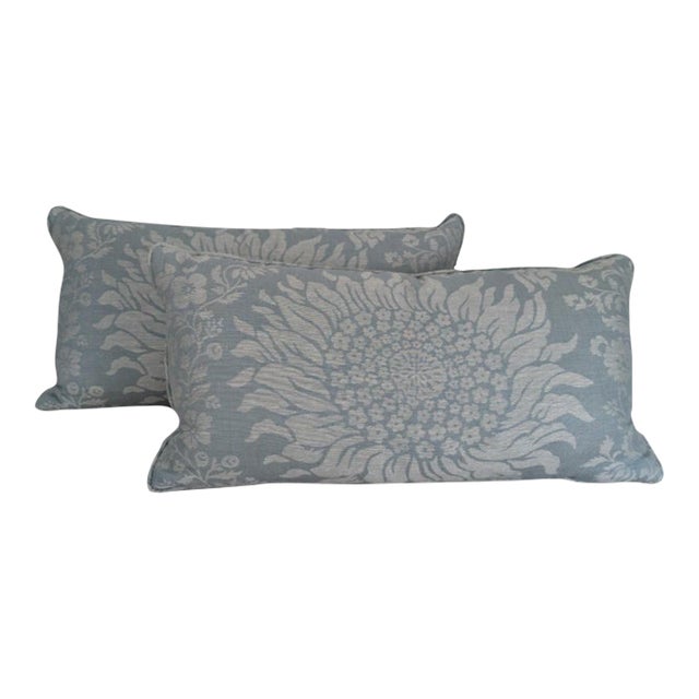 Pair of Blue Gray Floral Banquette Pillows With Oversized Botanical Motif For Sale