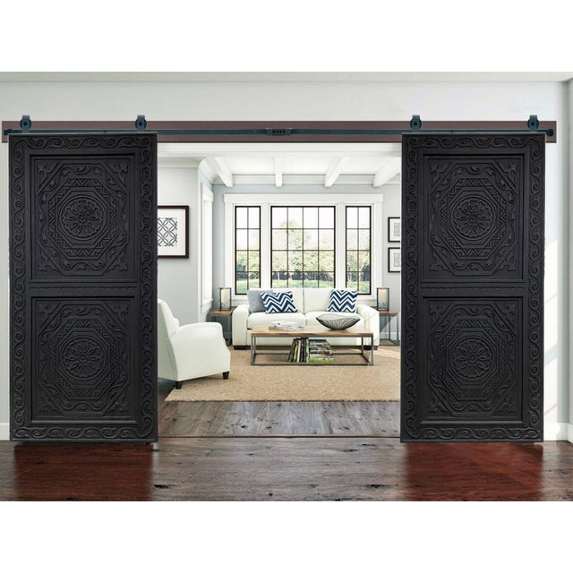 Black Hand-Carved Solid Wood Black Entry Door – Mediterranean Moroccan Panel Design For Sale - Image 8 of 10