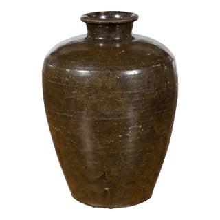 Antique Large Thai Monochrome Glazed Storage Jar with Tapering Lines For Sale