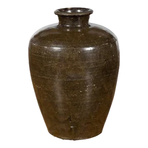 Antique Large Thai Monochrome Glazed Storage Jar with Tapering Lines