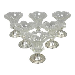Antique English Victorian Crystal Glass & Silver Sweetmeat Candy Nut Dish, Set 6 For Sale