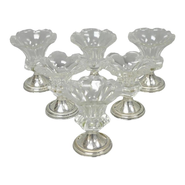 Antique English Victorian Crystal Glass & Silver Sweetmeat Candy Nut Dish, Set 6 For Sale