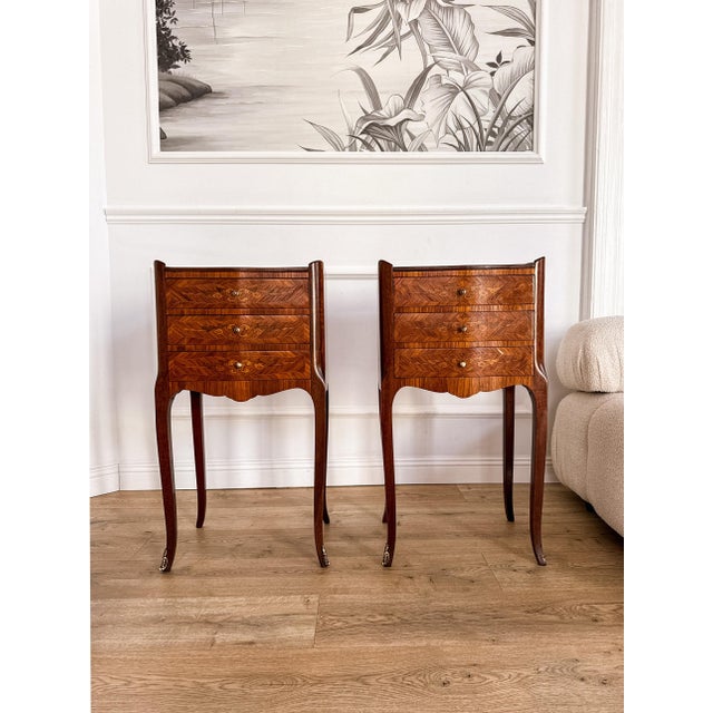 Mid-Century French Louis XV Style Marquetry Nightstands, 1950s, Set of 2 For Sale - Image 10 of 18