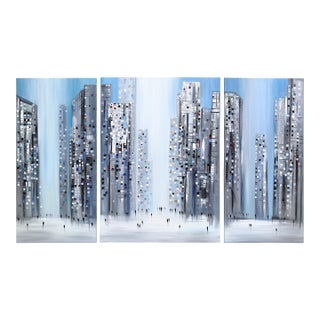 City Pulse - Original Textured Abstract Cityscape Oil Painting Triptych For Sale
