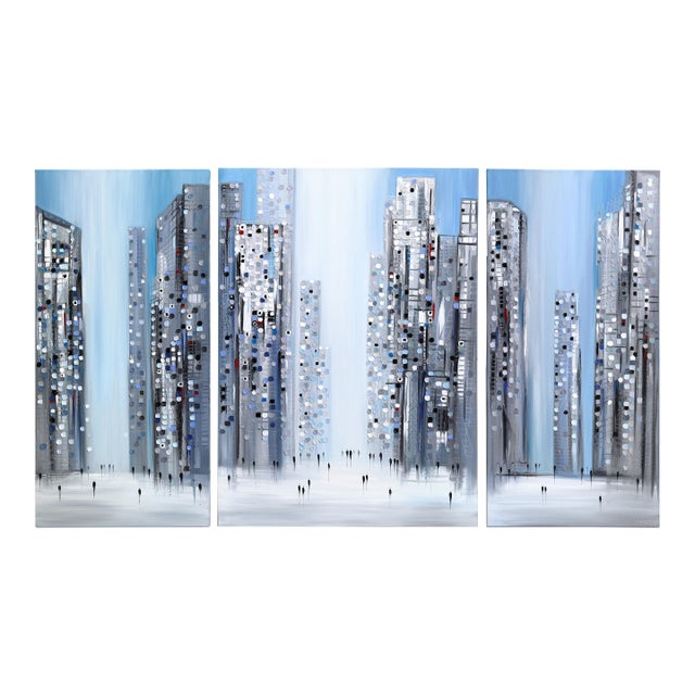City Pulse - Original Textured Abstract Cityscape Oil Painting Triptych For Sale