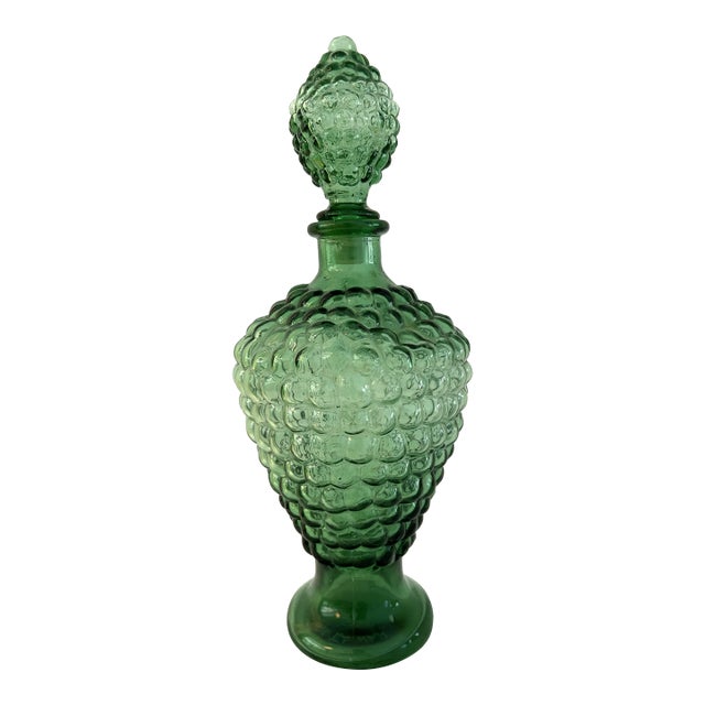 Vintage Green Bubble Glass Decanter For Sale