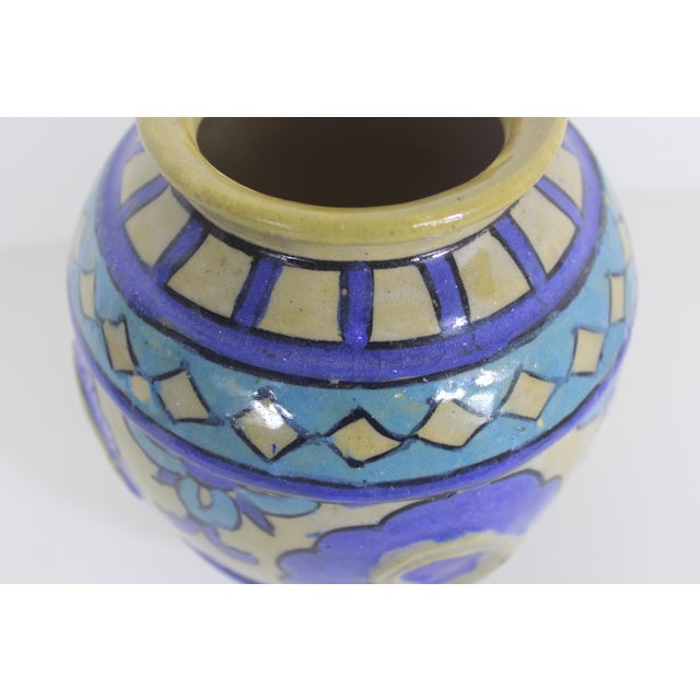 Vintage Primitive Clay Vase With Raised Ram Motif Blue and Turquoise For Sale - Image 10 of 11