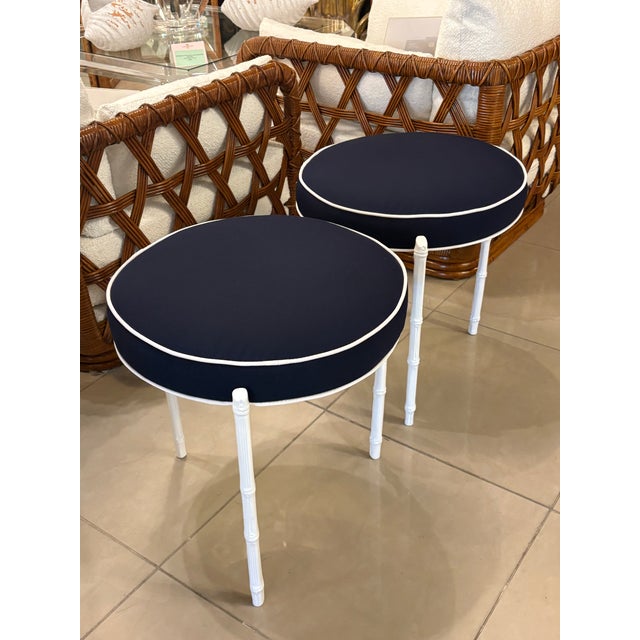 Mid-Century Modern Pair Vintage Restored Faux Bamboo Metal Stools Benches Sunbrella Patio Outdoor For Sale - Image 3 of 12