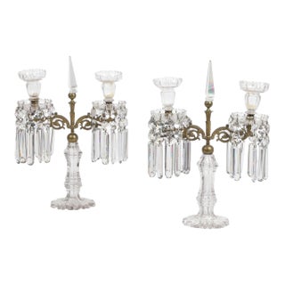 Pair of Antique Bronze & Irish Cut Crystal 2 Light Girandole Candelabra For Sale