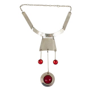 Modernist Space Age Stainless Steel and Red Glass Cabochon Choker Necklace For Sale