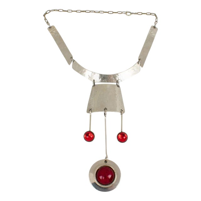 Modernist Space Age Stainless Steel and Red Glass Cabochon Choker Necklace For Sale