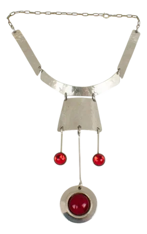 Modernist Space Age Stainless Steel and Red Glass Cabochon Choker Necklace