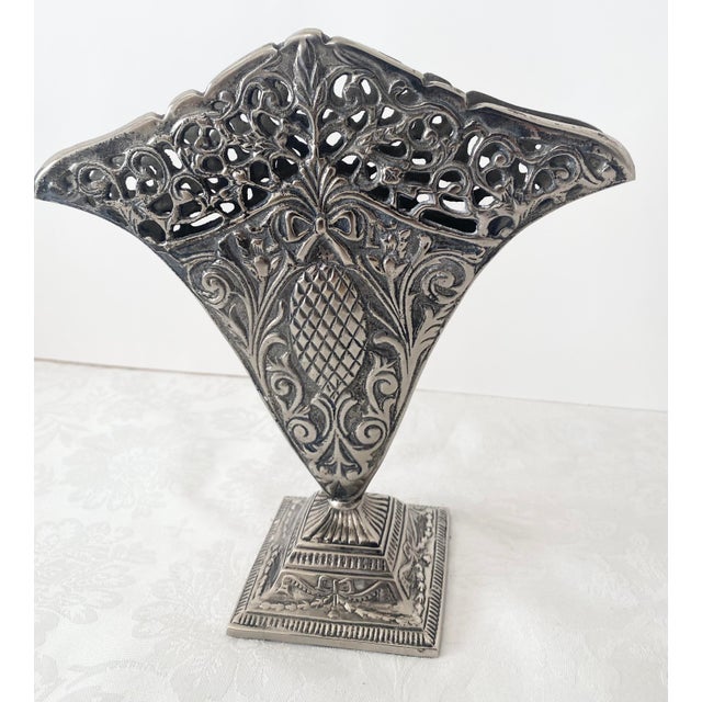 Vintage Ornate Fan Vase, Art Nouveau-Style Scrollwork, a Reticulated Top Edge, and a Central Pineapple Motif. For Sale - Image 11 of 15
