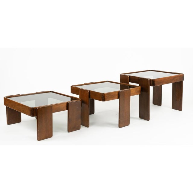 Brown Wood and Glass Nesting Tables by Gianfranco Frattini, Italy, 1970s, Set of 3 For Sale - Image 8 of 18