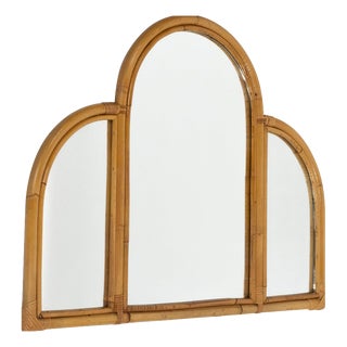 Mid-Century Modern Bamboo and Rattan Three Arches Wall Mirror, 1970s For Sale