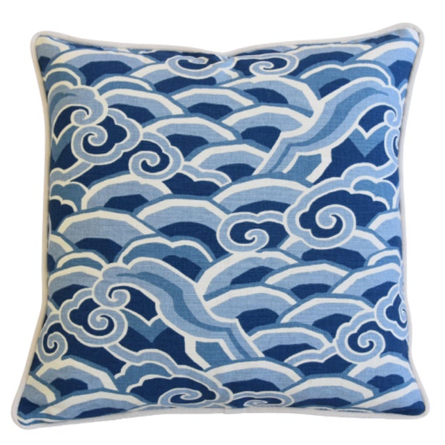 Modern Blue & White Kravet Coastal Nautical Wave Feather/Down Pillows - Pair For Sale - Image 3 of 5