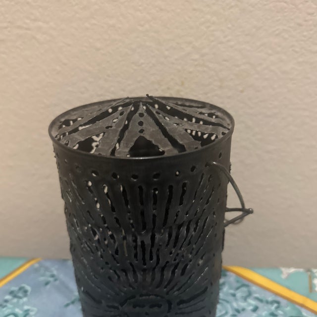 Mid-Century Brutalist Punched Metal Sunburst Lantern For Sale - Image 4 of 8
