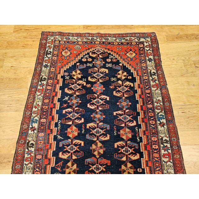 1900 - 1909 Vintage Persian Malayer Runner Rug, Hand-Knotted Wool, Geometric Pattern, 4x9, Navy & Red For Sale - Image 5 of 12