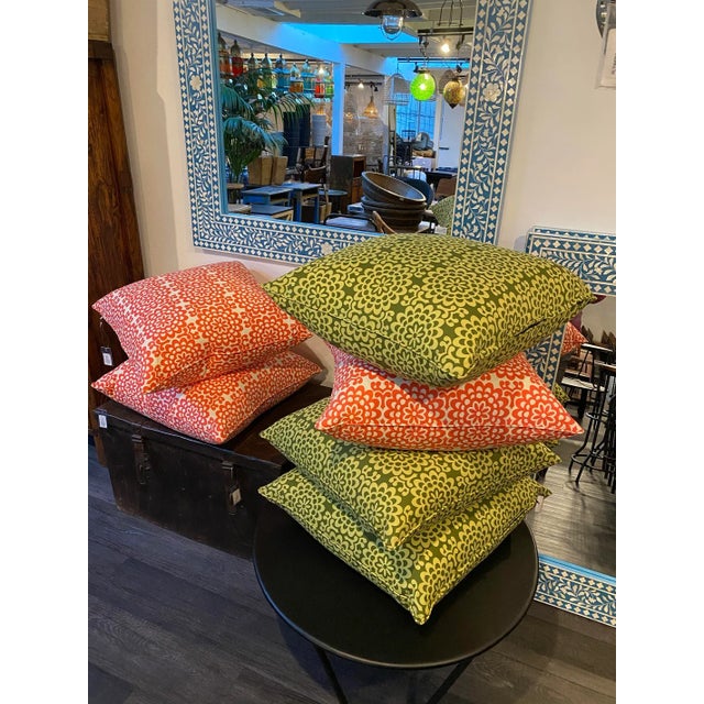 Retro style pillow with bold bohemian green flower print on white background. Zipper enclosure with down insert. Each is...